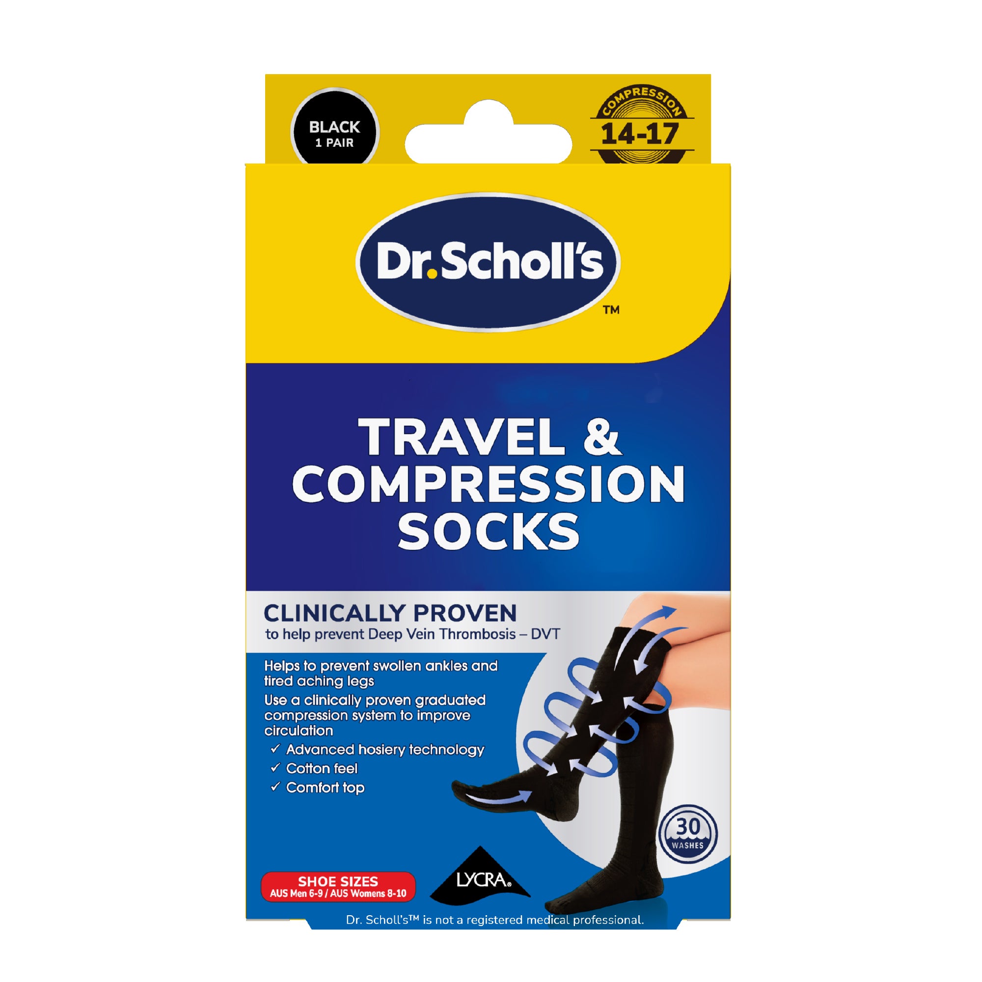 Dr. Scholl’s™ Travel & Compression Socks – Black (Medium, 14–17 mmHg)