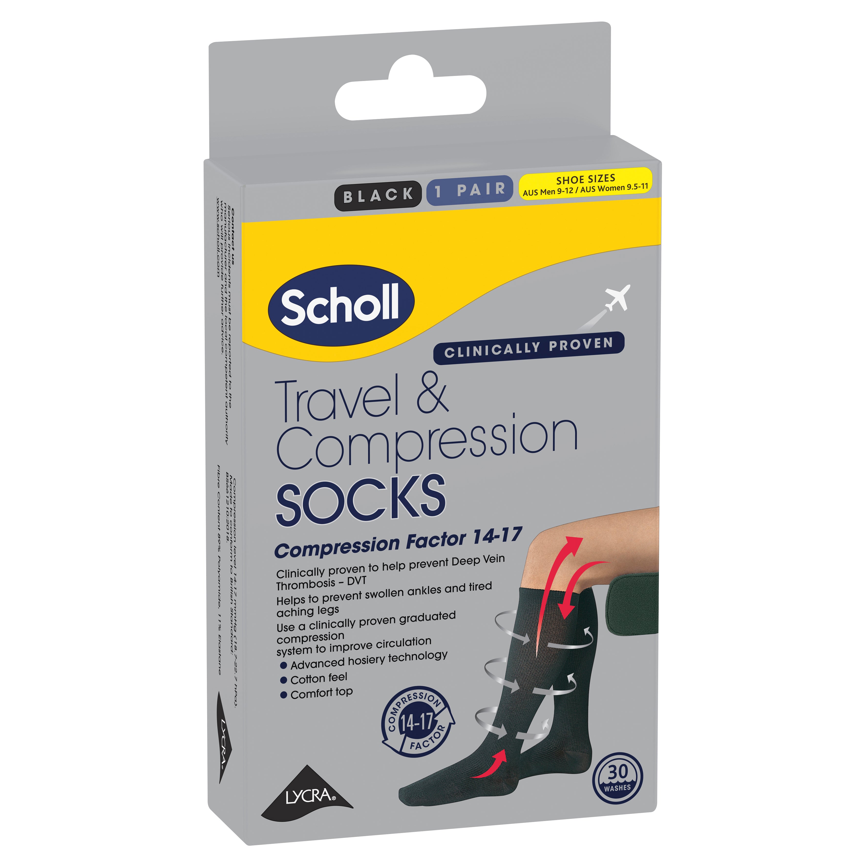 Scholl Travel and Compression Socks - Cotton Black (Large)