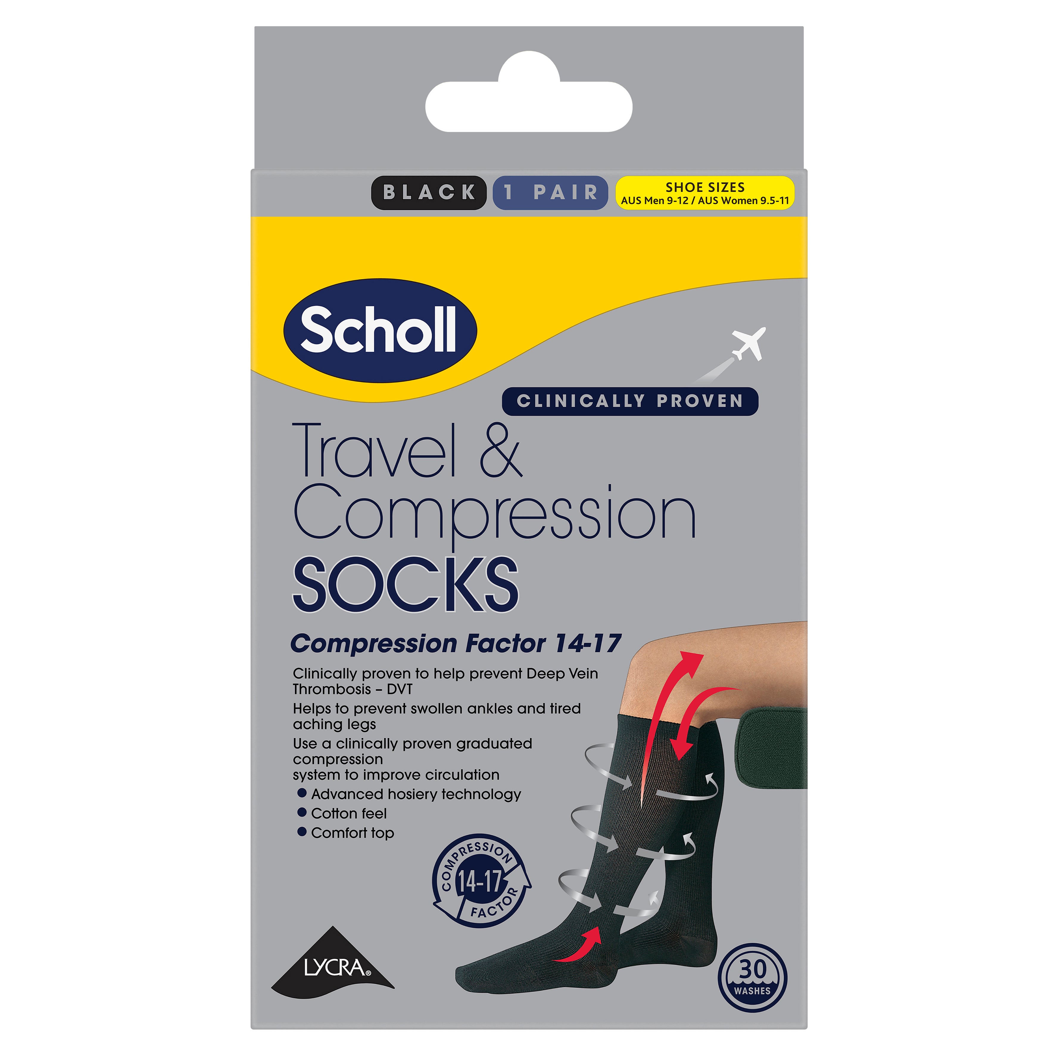 Scholl Travel and Compression Socks - Cotton Black (Large)